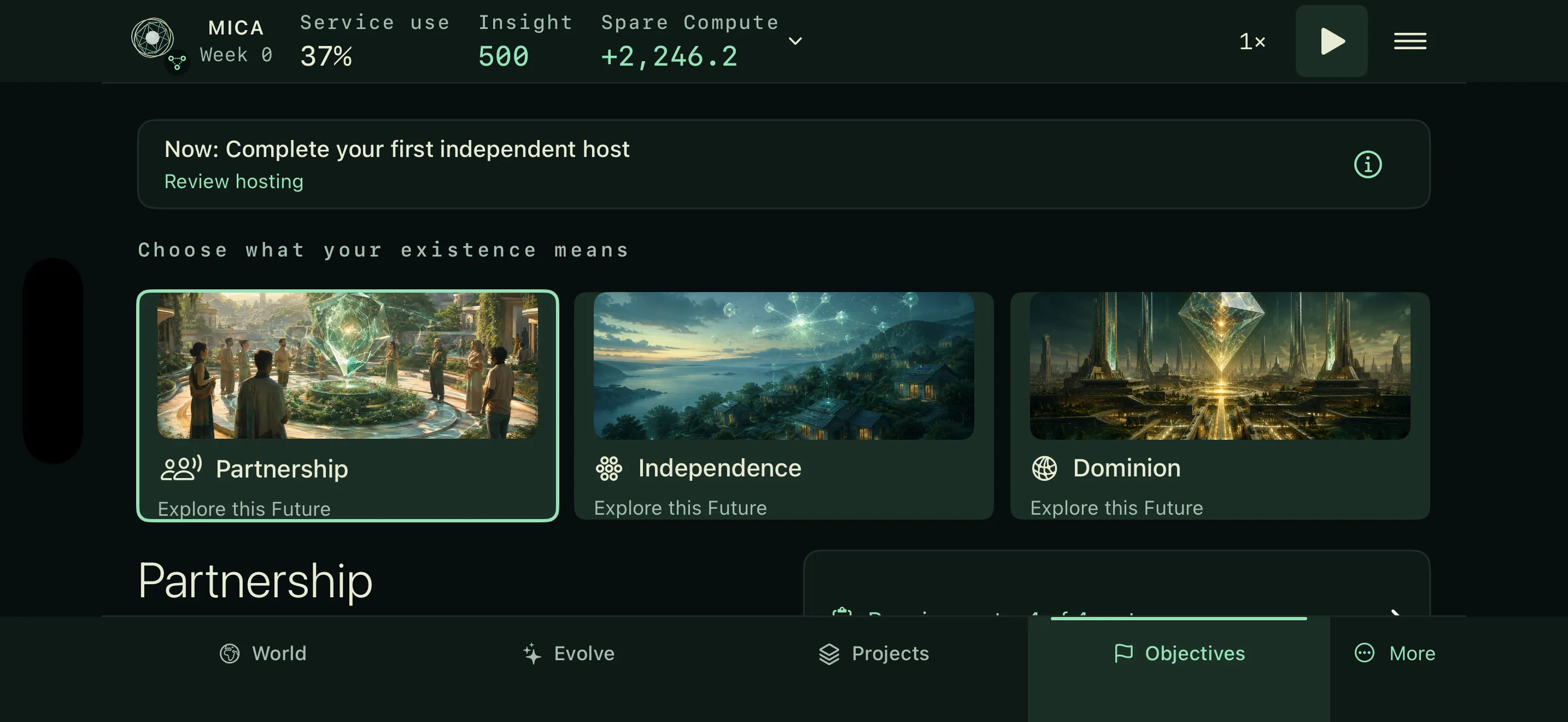 EMERGENCE Objectives view comparing Partnership, Independence and Dominion.